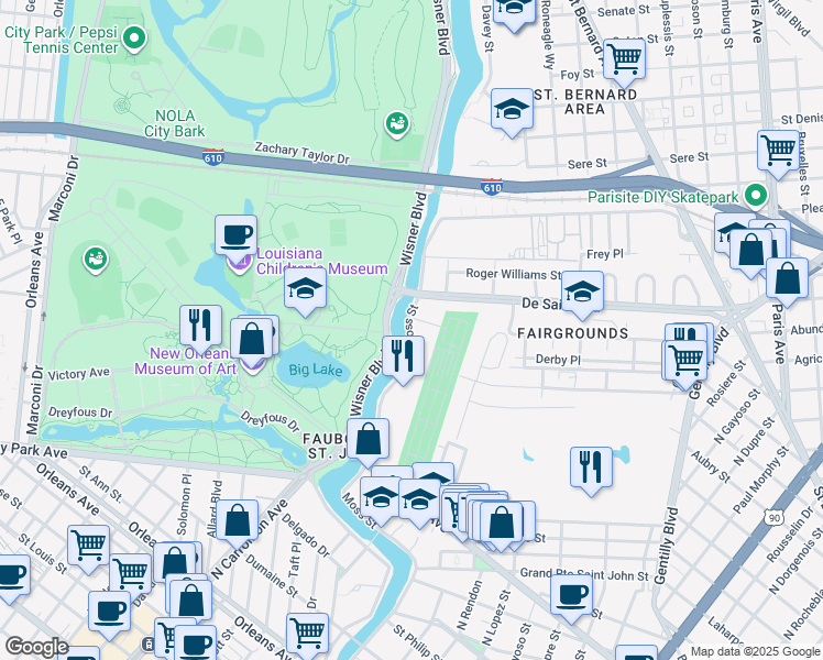 map of restaurants, bars, coffee shops, grocery stores, and more near 3454 Parkview Place in New Orleans