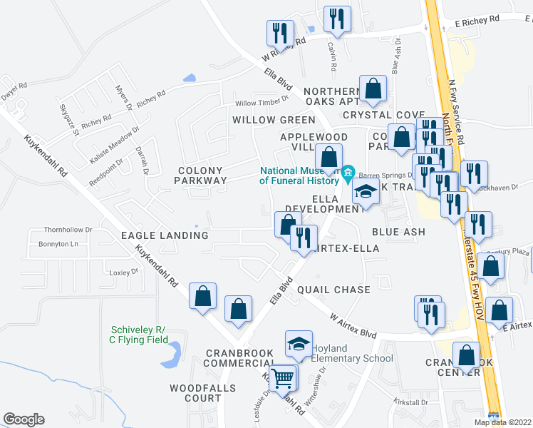 map of restaurants, bars, coffee shops, grocery stores, and more near in Houston