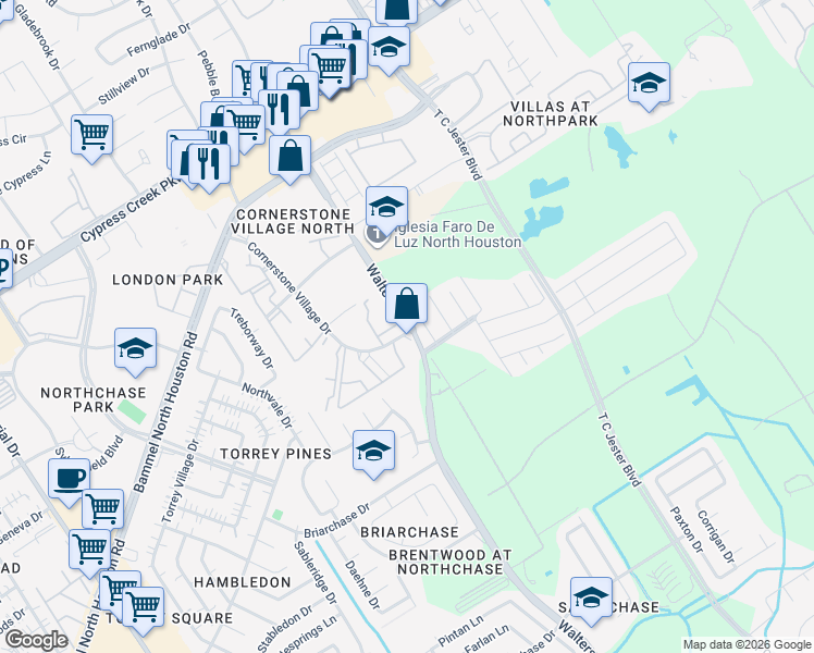 map of restaurants, bars, coffee shops, grocery stores, and more near 14039 Walters Road in Houston