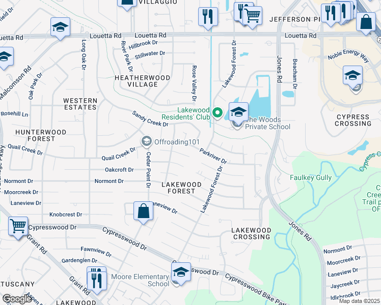 map of restaurants, bars, coffee shops, grocery stores, and more near 11746 Quail Creek Drive in Houston