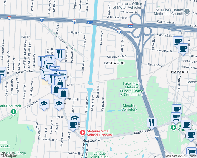 map of restaurants, bars, coffee shops, grocery stores, and more near 5302 Bellaire Drive in New Orleans