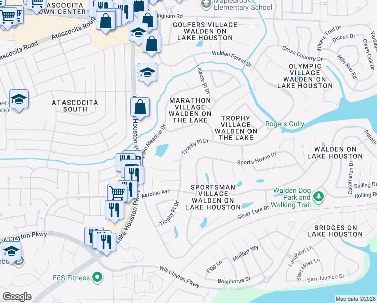 map of restaurants, bars, coffee shops, grocery stores, and more near 8018 Trophy Place Drive in Humble