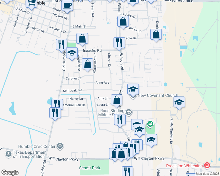 map of restaurants, bars, coffee shops, grocery stores, and more near 1511 McDugald Road in Humble