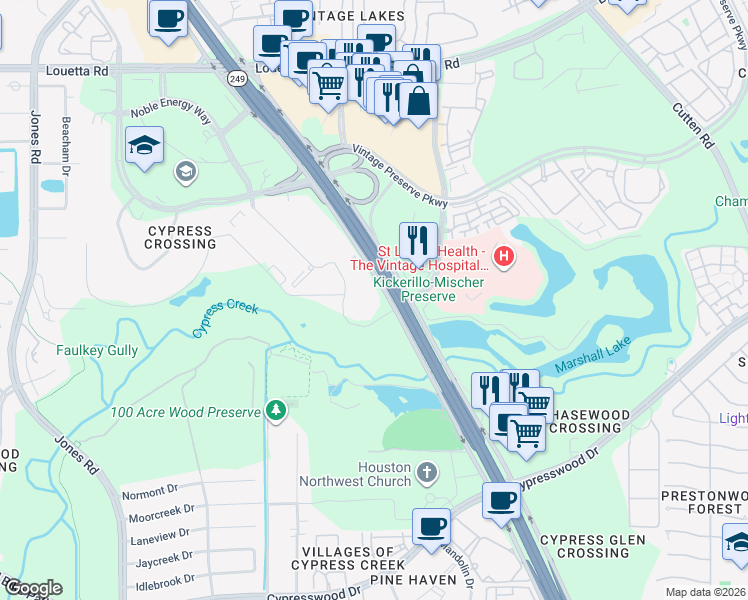 map of restaurants, bars, coffee shops, grocery stores, and more near 20333 Texas 249 in Houston