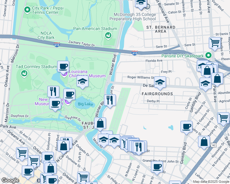 map of restaurants, bars, coffee shops, grocery stores, and more near 3454 Parkview Place in New Orleans