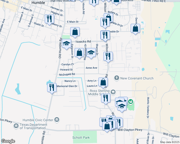 map of restaurants, bars, coffee shops, grocery stores, and more near 1409 McDugald Road in Humble