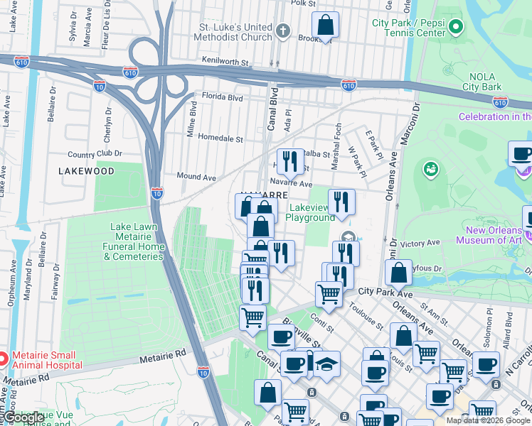 map of restaurants, bars, coffee shops, grocery stores, and more near 5367 Canal Boulevard in New Orleans