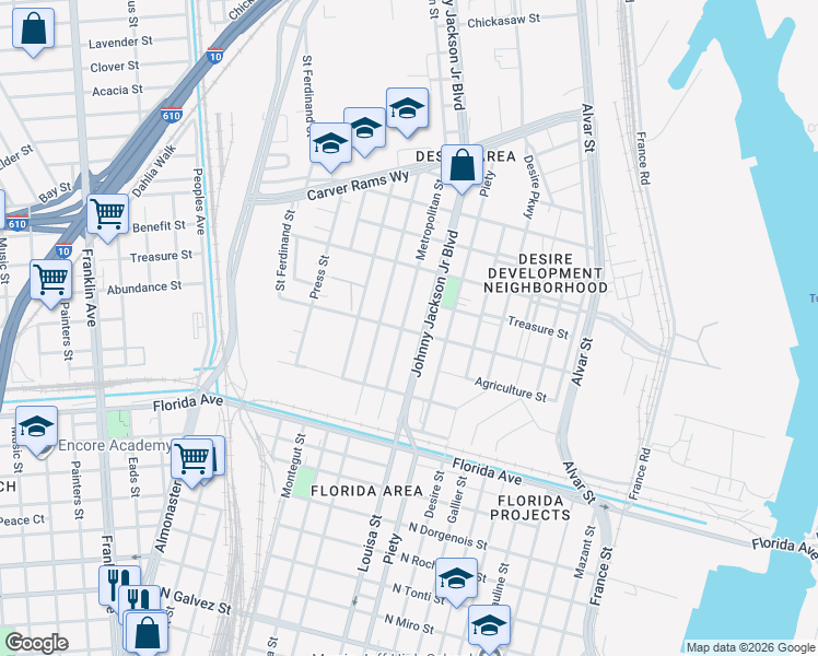 map of restaurants, bars, coffee shops, grocery stores, and more near 2938 Metropolitan Street in New Orleans