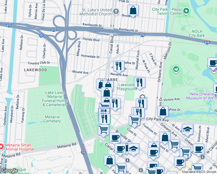 map of restaurants, bars, coffee shops, grocery stores, and more near 5367 Canal Boulevard in New Orleans