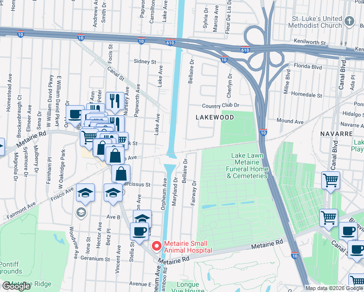 map of restaurants, bars, coffee shops, grocery stores, and more near 5302 Bellaire Drive in New Orleans
