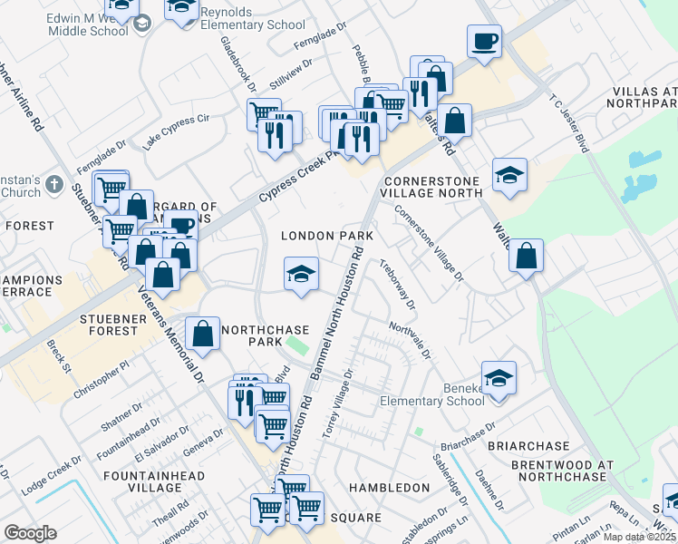 map of restaurants, bars, coffee shops, grocery stores, and more near 407 Bammel North Houston Road in Houston