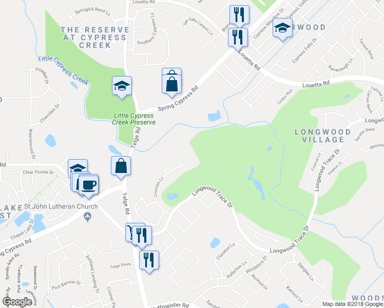 map of restaurants, bars, coffee shops, grocery stores, and more near 15106 Green Tavern Court in Cypress