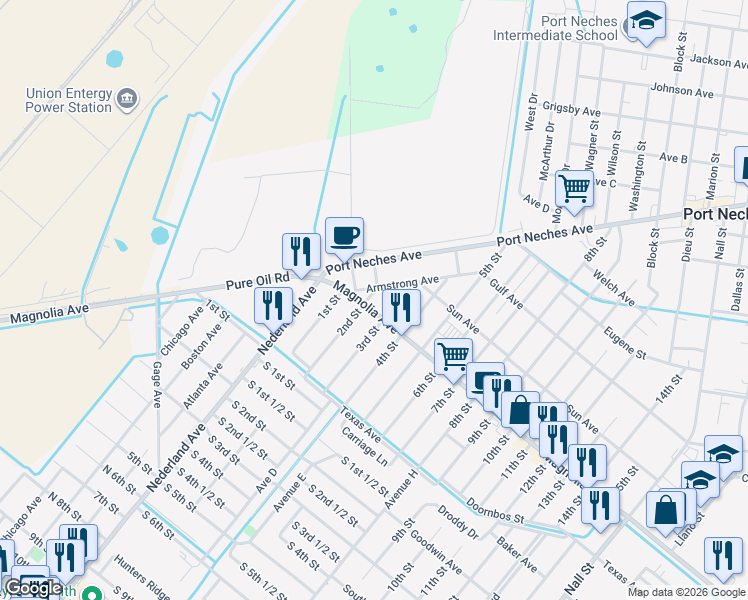 map of restaurants, bars, coffee shops, grocery stores, and more near 2113 2nd Street in Port Neches