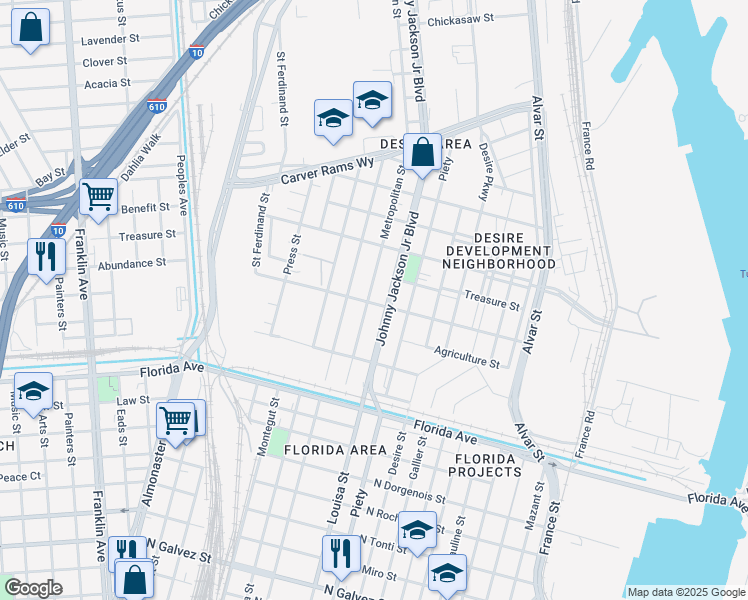 map of restaurants, bars, coffee shops, grocery stores, and more near 2938 Metropolitan Street in New Orleans