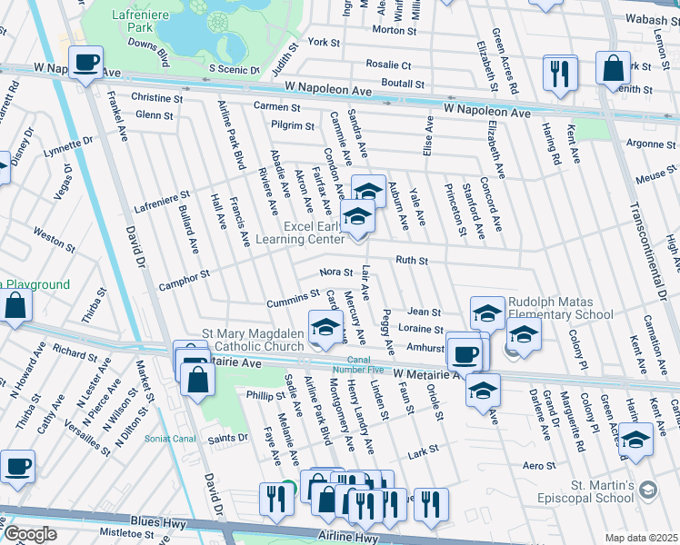 map of restaurants, bars, coffee shops, grocery stores, and more near 6304 Nora Street in Metairie