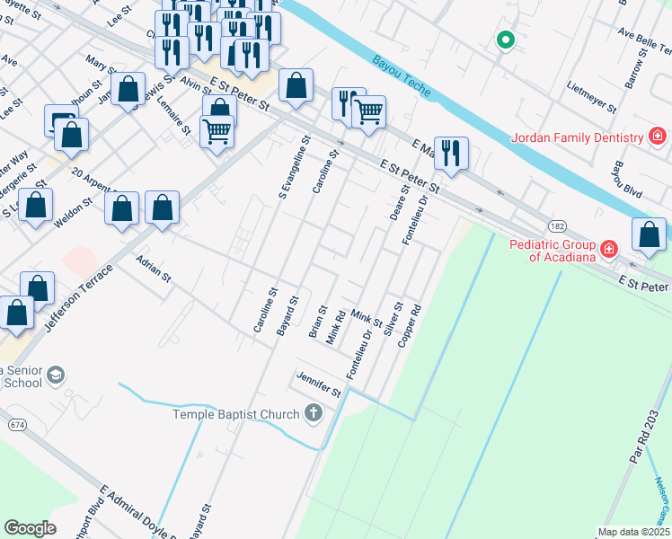 map of restaurants, bars, coffee shops, grocery stores, and more near 109 Craig Street in New Iberia