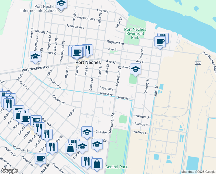 map of restaurants, bars, coffee shops, grocery stores, and more near 732 Royal Ave in Port Neches