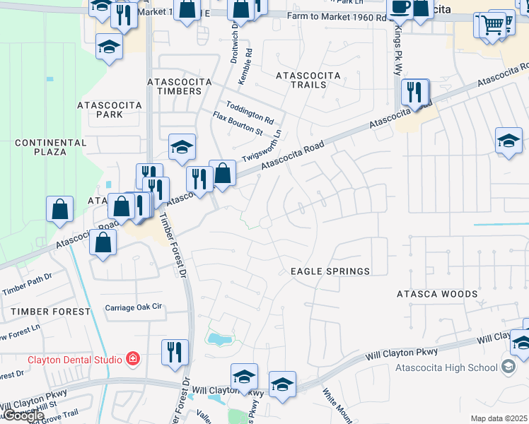 map of restaurants, bars, coffee shops, grocery stores, and more near 12419 North Caprock Way in Humble