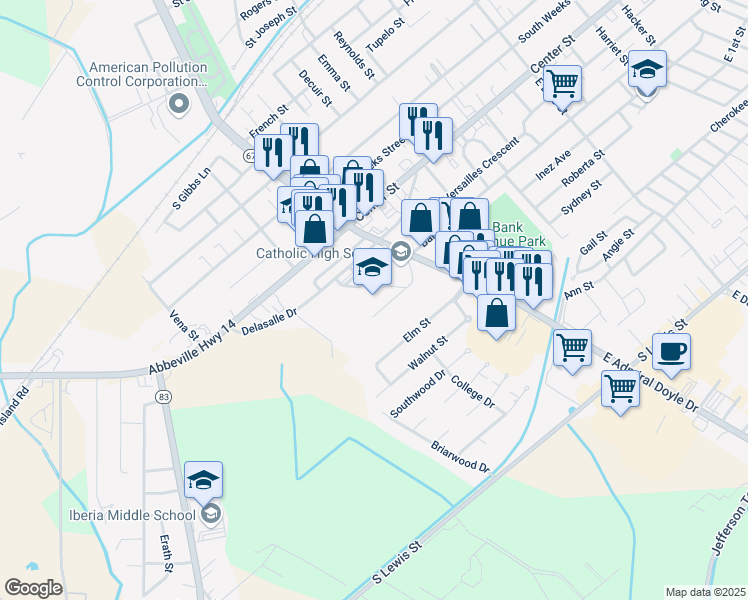 map of restaurants, bars, coffee shops, grocery stores, and more near 1301 Delasalle Dr in New Iberia