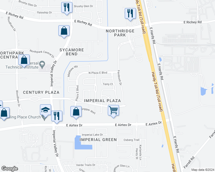 map of restaurants, bars, coffee shops, grocery stores, and more near 1114 Terry Court in Houston