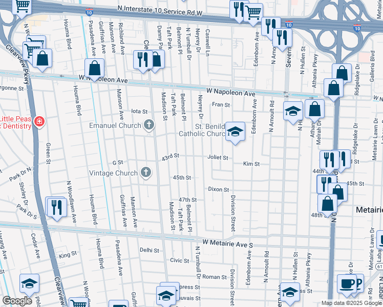 map of restaurants, bars, coffee shops, grocery stores, and more near 1612 North Turnbull Drive in Metairie