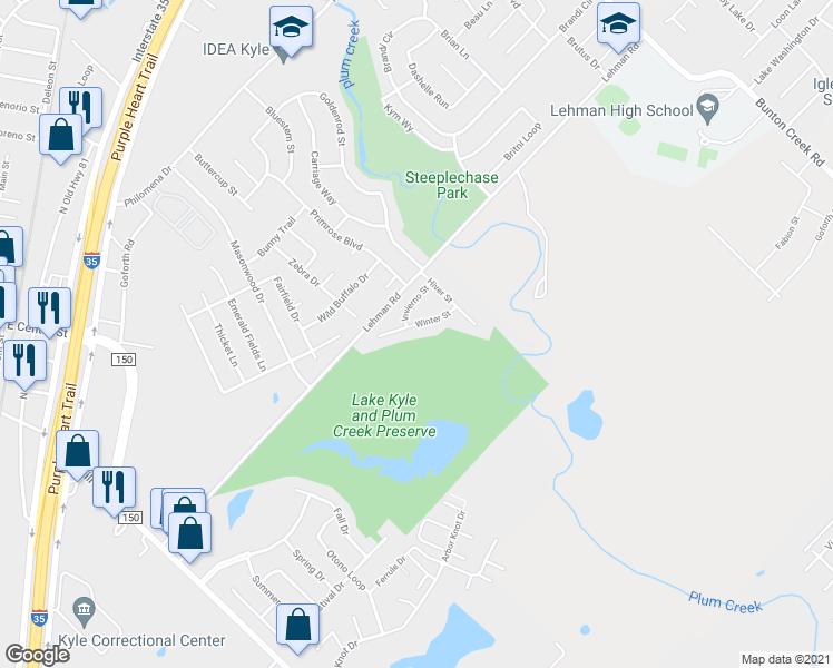 map of restaurants, bars, coffee shops, grocery stores, and more near 207 Winter Street in Kyle