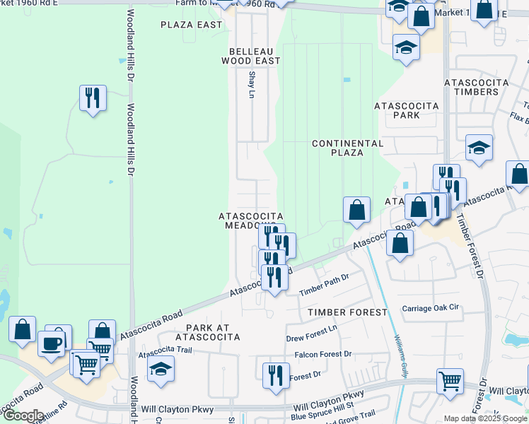 map of restaurants, bars, coffee shops, grocery stores, and more near 5010 Steel Meadows Lane in Humble