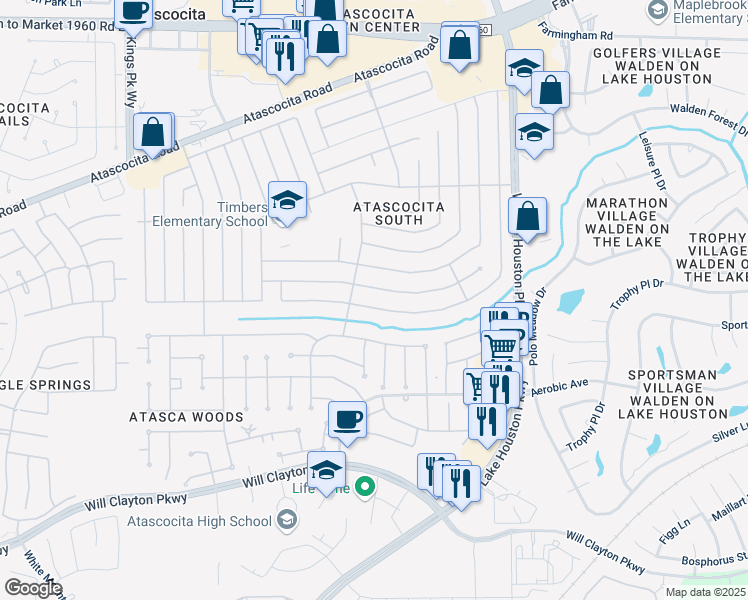 map of restaurants, bars, coffee shops, grocery stores, and more near 7219 Blanco Pines Drive in Humble