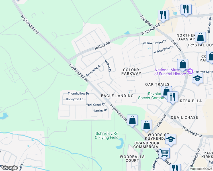 map of restaurants, bars, coffee shops, grocery stores, and more near 1303 American Fork Court in Houston