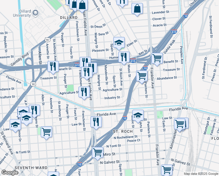 map of restaurants, bars, coffee shops, grocery stores, and more near 2319 Agriculture Street in New Orleans