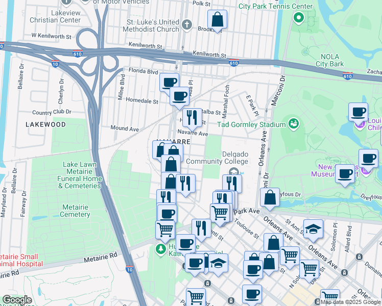 map of restaurants, bars, coffee shops, grocery stores, and more near 810 Voisin Street in New Orleans