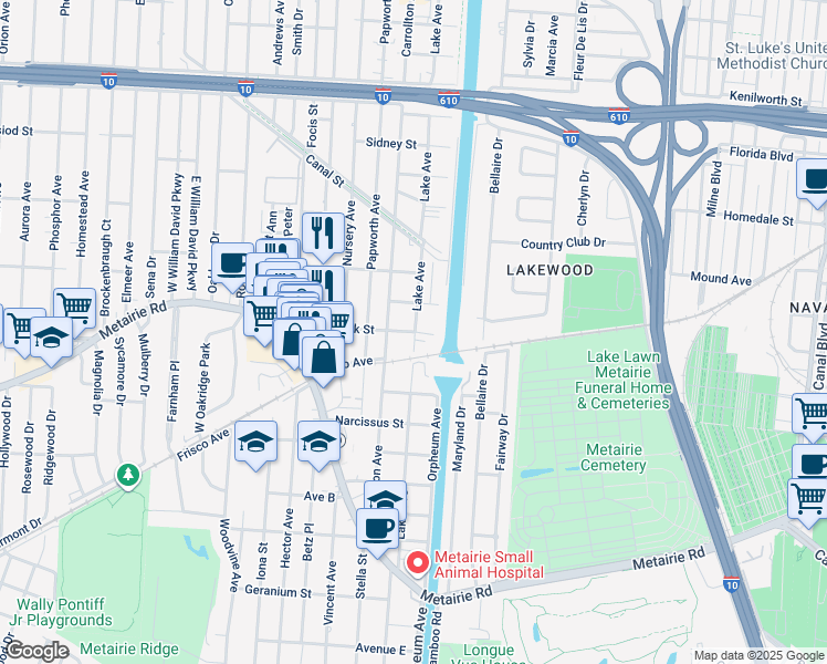 map of restaurants, bars, coffee shops, grocery stores, and more near 206 Pink Street in Metairie