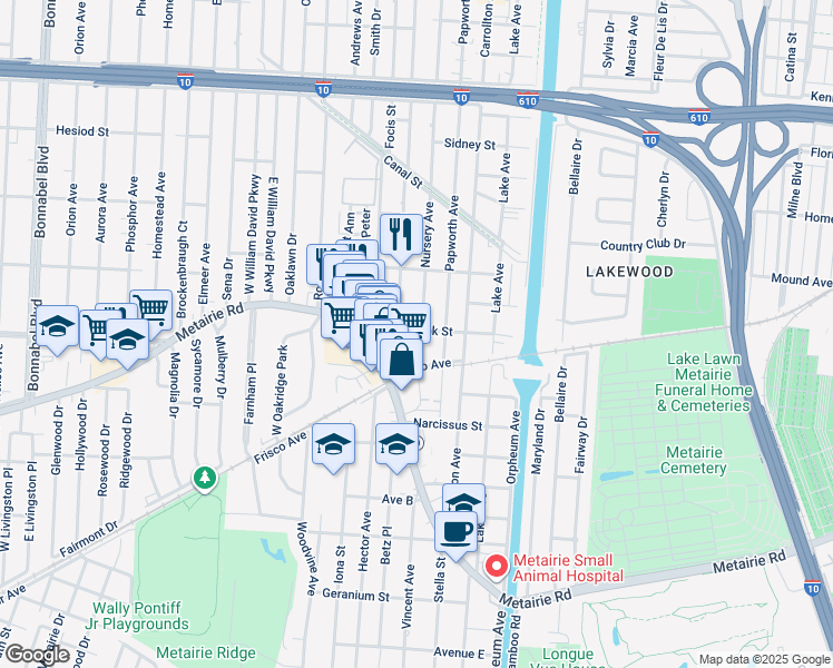 map of restaurants, bars, coffee shops, grocery stores, and more near 129 Aris Avenue in Metairie