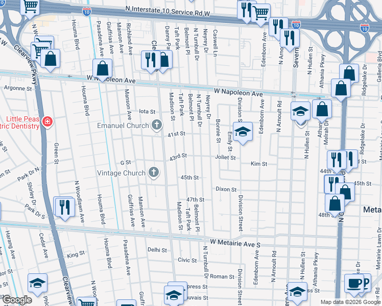 map of restaurants, bars, coffee shops, grocery stores, and more near 1612 North Turnbull Drive in Metairie