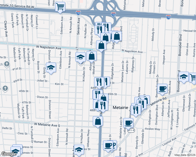 map of restaurants, bars, coffee shops, grocery stores, and more near 1704 North Causeway Boulevard in Metairie