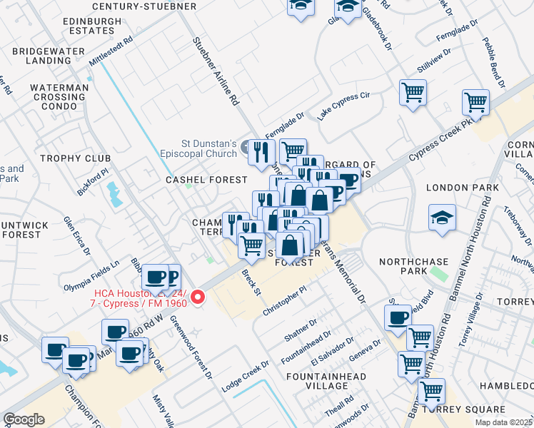 map of restaurants, bars, coffee shops, grocery stores, and more near 4606 Cypress Creek Parkway in Houston