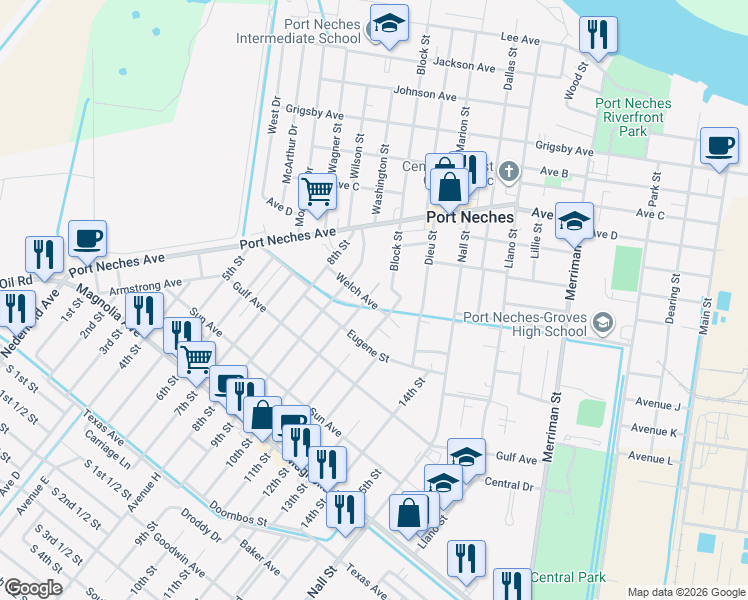 map of restaurants, bars, coffee shops, grocery stores, and more near 1801 10th Street in Port Neches