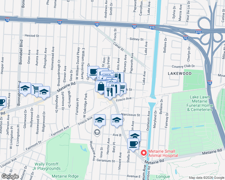 map of restaurants, bars, coffee shops, grocery stores, and more near 701 Metairie Road in Metairie