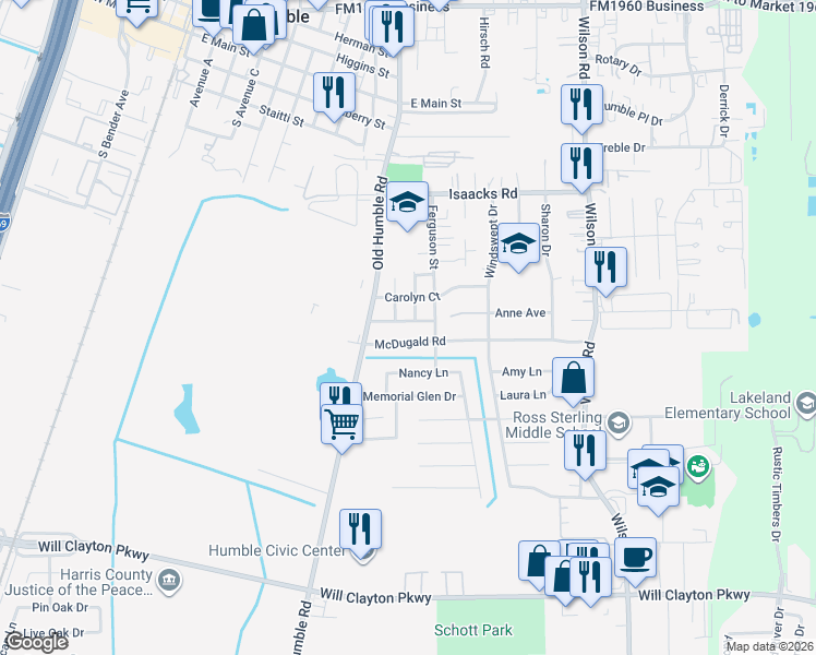 map of restaurants, bars, coffee shops, grocery stores, and more near 1013 McDugald Road in Humble