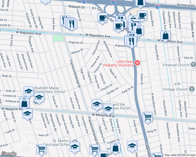 map of restaurants, bars, coffee shops, grocery stores, and more near 1400 Pecan Avenue in Metairie