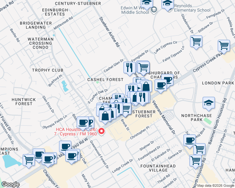 map of restaurants, bars, coffee shops, grocery stores, and more near 4703 North Cashel Circle in Houston