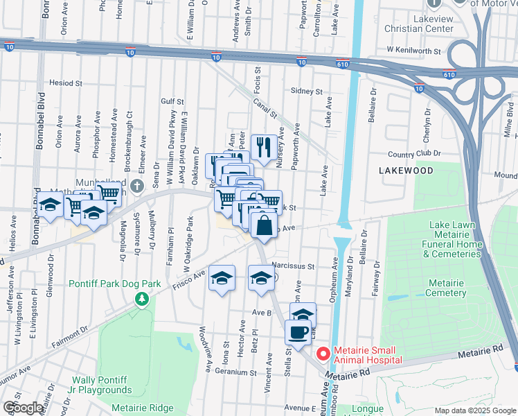 map of restaurants, bars, coffee shops, grocery stores, and more near 136 Aris Avenue in Metairie