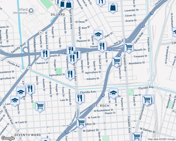 map of restaurants, bars, coffee shops, grocery stores, and more near 2319 Agriculture Street in New Orleans