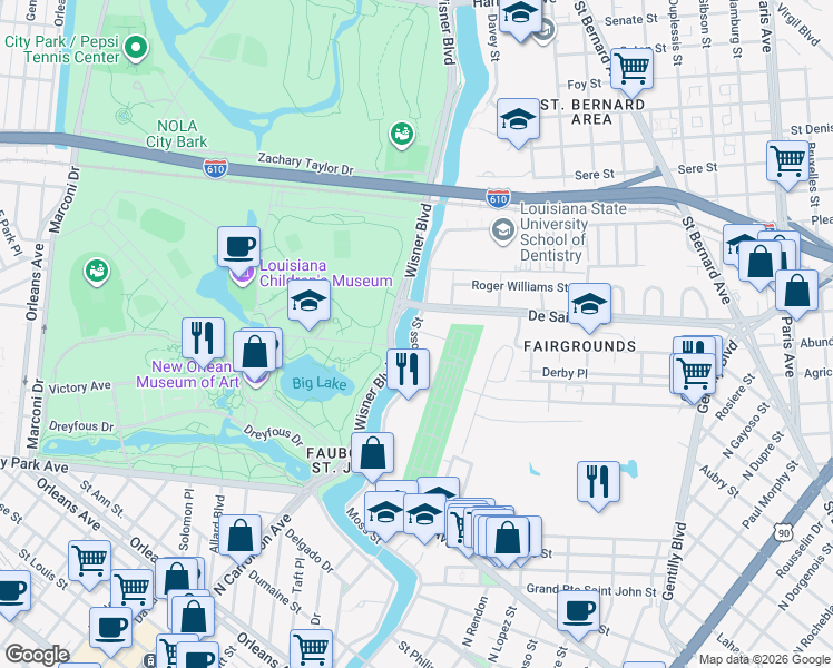 map of restaurants, bars, coffee shops, grocery stores, and more near 3454 Parkview Place in New Orleans