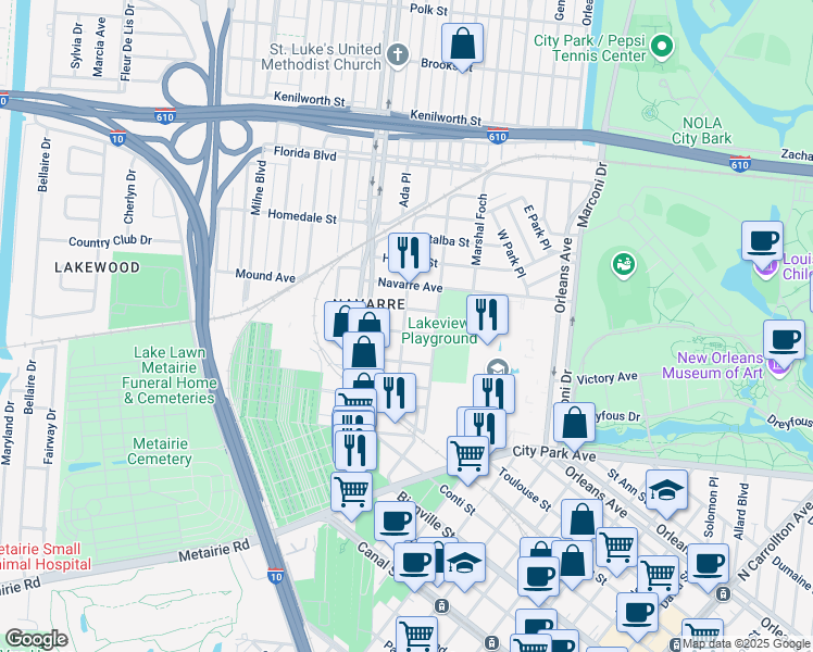 map of restaurants, bars, coffee shops, grocery stores, and more near 810 Voisin Street in New Orleans