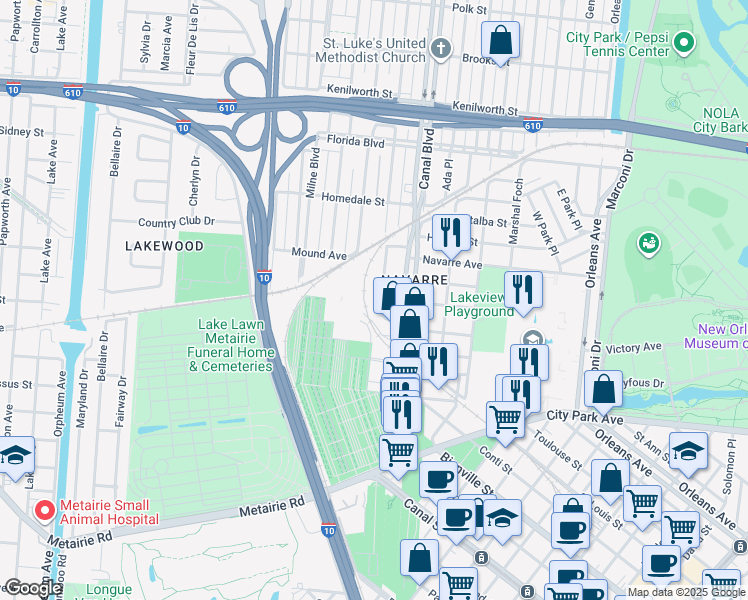 map of restaurants, bars, coffee shops, grocery stores, and more near 5216 Hawthorne Place in New Orleans