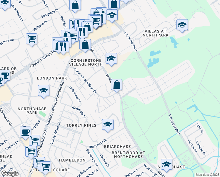 map of restaurants, bars, coffee shops, grocery stores, and more near 14101 Walters Road in Houston