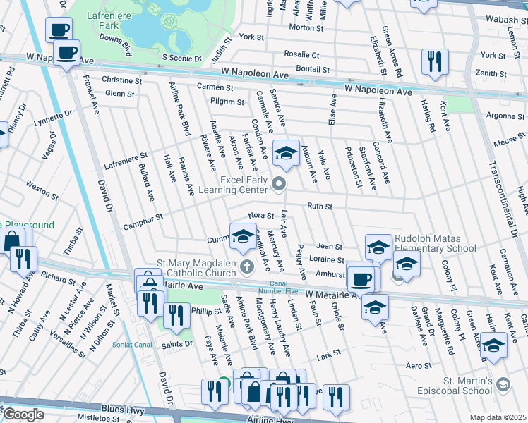 map of restaurants, bars, coffee shops, grocery stores, and more near 6304 Nora Street in Metairie