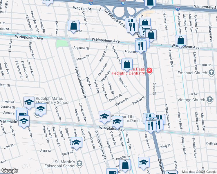 map of restaurants, bars, coffee shops, grocery stores, and more near 1405 Velma Street in Metairie
