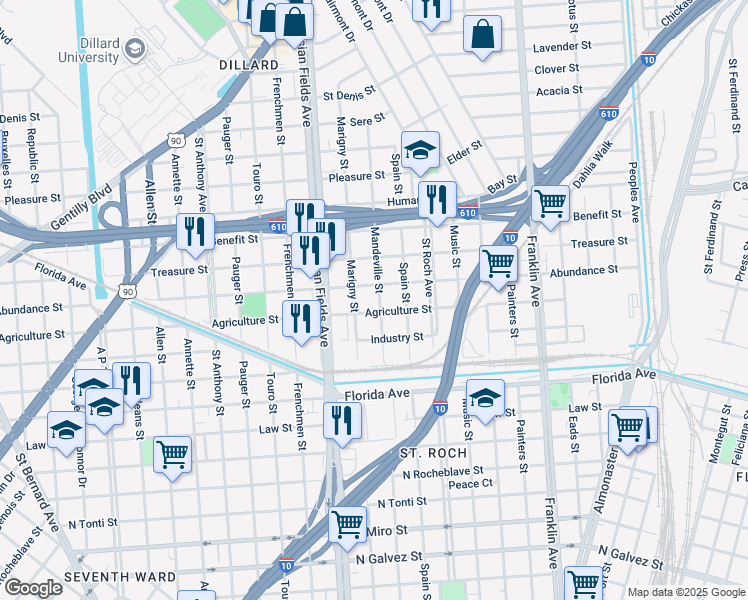 map of restaurants, bars, coffee shops, grocery stores, and more near 2319 Agriculture Street in New Orleans